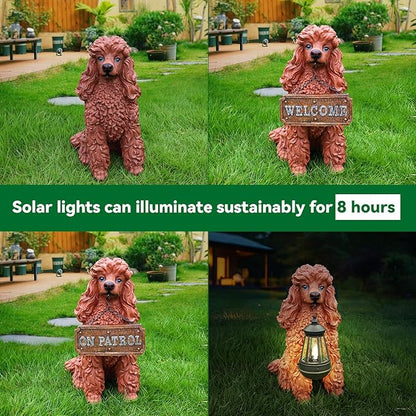 Poodle Outdoor Garden Statue with Double-Sided “Welcome/ON Patrol” Hanging Sign and Solar Lantern, Brown Sitting Dog for Porch, Path & Yard Décor