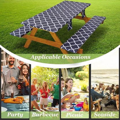 Fitted Picnic Table Cover with Bench Covers Waterproof Elastic Edges Rectangle Patio Tablecloth Outdoor Camping Essentials Stuff Rv Accessories Summer Trip Travel Supplies Party Camper Gifts, 8 ft
