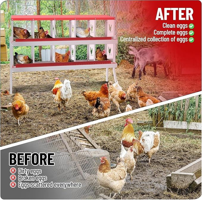 Metal Chicken Nesting Box, 10 Compartments, Rollout Egg Collection, Large Vented Holes, Perch Included, Wall Mount or Free Standing Laying Box for Hens and Chickens - Red with Legs