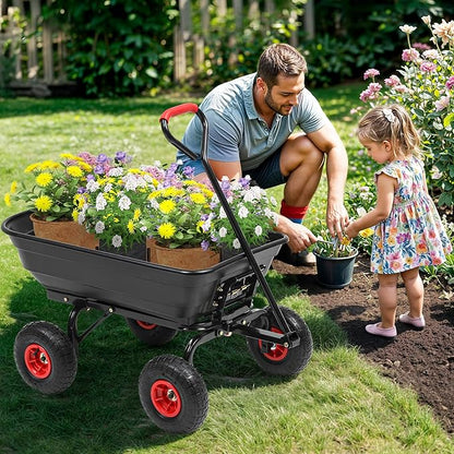 Garden Carts-600lbs Wagon Wheelbarrows with 4 Anti-Slip Tires & Quick-Release Dumping,Heavy Duty Utility Garden Dump Cart for Yard,Landscape and Christmas Hauling