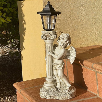 Angel Statue with Solar Lights (Right) 19.7 Inch, Outdoor Solar Angel Garden Statue with Roma Pillar for Garden Lawn Deocr, Christian Religious Gift