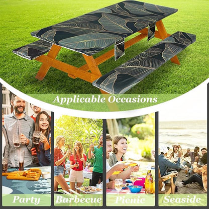 Wrakus Picnic Table Cover with Bench Covers Vinyl Elastic Edges Fitted Rectangle Seat Tables Waterproof 3-Piece96X30in Set Outdoor Rectangular Folding Backing Tablecloth for Camping Over Size