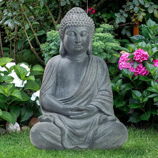 TOETOL Outdoor Buddha Large Statue Meditative Asian Zen Indoor 20” High Medium Yard Decor Magnesium Oxide Stone for Yard Garden Patio Deck Home, Dark Grey