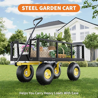 900 Lbs Garden Wagon, 2-in-1 Heavy-Duty Steel Garden Cart, with 10 Inch All-Terrain Tires and Removable Mesh Side Panels, 180° Rotating Handle, Metal Multi-Function Carts, Outdoor Gardens Wagon Cart