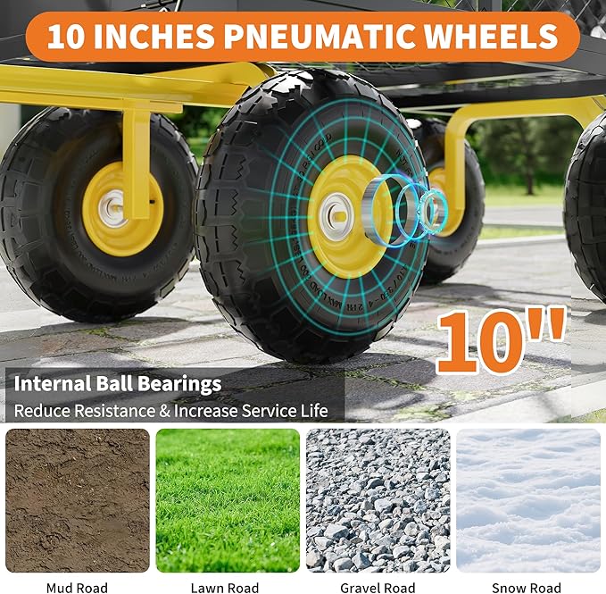 900 Lbs Garden Wagon, 2-in-1 Heavy-Duty Steel Garden Cart, with 10 Inch All-Terrain Tires and Removable Mesh Side Panels, 180° Rotating Handle, Metal Multi-Function Carts, Outdoor Gardens Wagon Cart