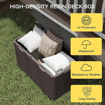 Kingdura 110 Gallon Outdoor Storage Box, Waterproof Resin Deck Box for Indoor and Outdoor Use, Lockable Storage Container for Patio Furniture Cushions Garden Tools (Coffee, 110 Gallon)