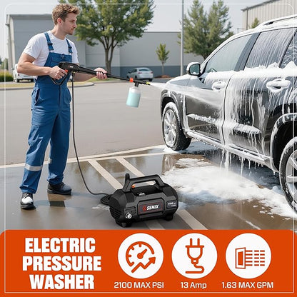 SENIX 13 Amp Electric Pressure Washer - 1700 PSI, 1.2 GPM, Compact with Foam Cannon, Spray Gun, 20-ft Hose, Turbo Nozzle, and 15° Spray Nozzles - Perfect for Cars and Driveways (HPWE13-L)