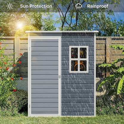 Gizoon 5x3 FT Outdoor Storage Shed with Lockable Door, Resin Weatherproof Plastic Garden Shed with Floor & Ventilation, Backyard Shed for Patio, Lawn Tools, Bike, and Toys