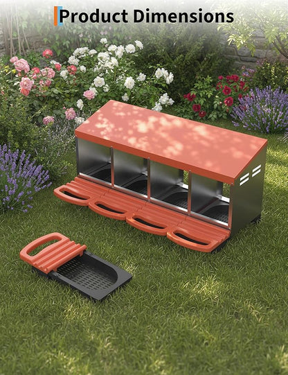 Chicken Nesting Boxes, 4 Hole Metal Rollaway Nest Box for Laying Hens with Cleanable Pull-Out Trays Wall Mount or Placed Design for Easy Egg Collection & Cleaning