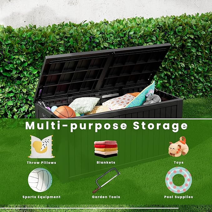 200 Gallon Waterproof Large Resin Deck Box Indoor/Outdoor Lockable Storage Container and Seating for Garden, Pool, and Patio (200 Gallon, Black)