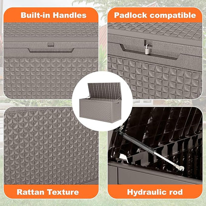 100 Gallon Resin Deck Box, Lockable Outdoor Storage Box for Patio Cushions Storage Furniture,Garden Tools, Pool Supplies, Weatherproof and UV Resistant (Grey L)