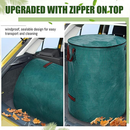10 Pcs 106 Gallons Yard Waste Bags with Lid and 4 Pairs Gardening Coated Gloves Leaf Bags (h30" x D26") 4 Handles Large Waste Container for Lawn Yard Weed Leaf