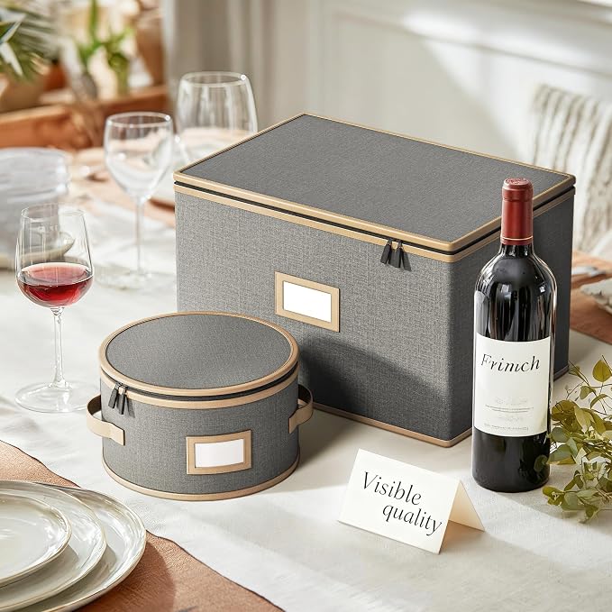 Wine Glass Storage Box with Dividers, Quilted Hard Shell Organizer for Stemware and Glassware Sets, Ideal for Storage and Moving Supplies, 1-Pack, Grey