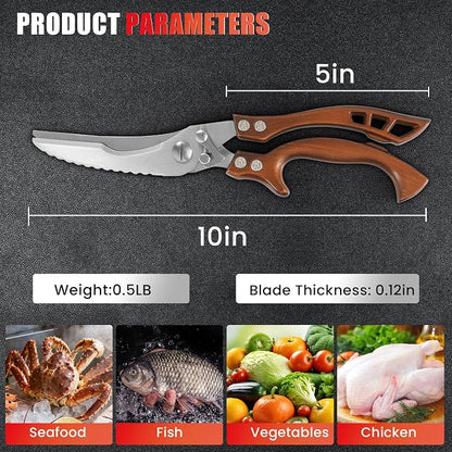 ANDONG Kitchen Scissors, Heavy Duty Professional Poultry Shears, Stainless Steel Spring Loaded, Dishwasher Safe, with Black Leather Sheath