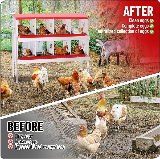 8 Holes Chicken Nesting Boxes, 2 Tiers 8 Compartments Metal Egg Laying Boxes with Legs, Wall Mount or Free Standing, Ventilated for Chickens, Hens, Ducks, Farm, Yard, Poultry Coop Accessories, Red