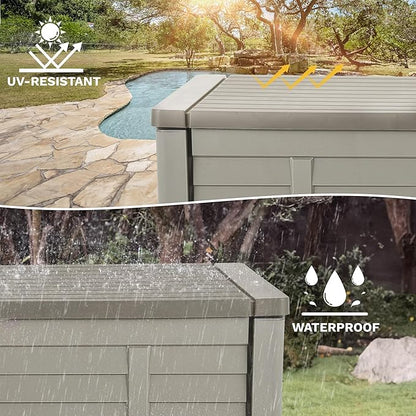 DWVO Large Deck Box 120 Gallon Waterproof Outdoor Storage Box, Extra Large Storage Bin, Resin Louvered Patio Storage for Pillows, Garden Tools & Pool Supplies, Lockable, Light Brown