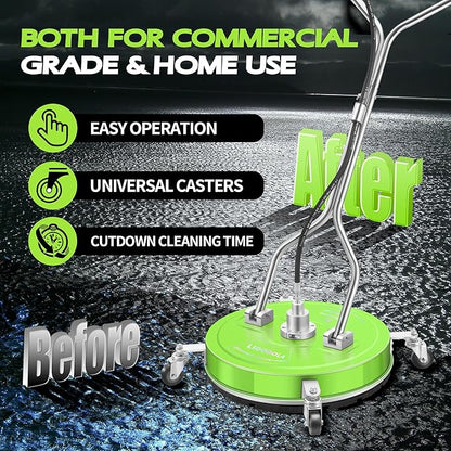 20" Pressure Washer Surface Cleaner with 4 Wheels - Coated Green Dual Handle Stainless Steel Surface Cleaner for Pressure Washer Attachment for Concrete, Patio, Sidewalk, Deck and Driveways - PWS20G