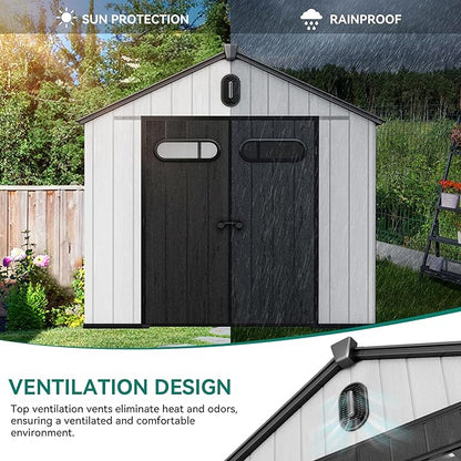 YITAHOME 8x10ft Resin Storage Structure, Outdoor 544 cuft Plastic Garden Storage Unit with Windows, Vents and Lockable Entrance, Waterproof Tool Organizer with Flooring for Lawn Equipment，Gray