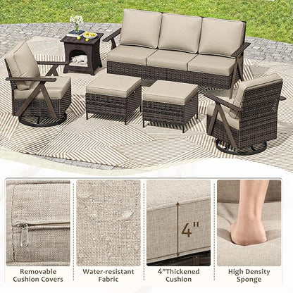 6 Piece Patio Furniture Set, Wicker Patio Conversation Set with Swivel Glider Chair and Outdoor 3-Seater Sofa and 2 Ottomans and Side Table for Deck Yard and Poolside
