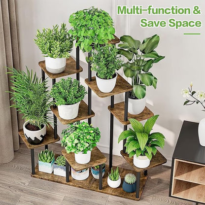 9 Tier Wood Tall Plant Stand Metal Rack Indoor, Multiple Flower Pot Holder Shelves Corner Rack, Planter Shelf Display Rack Storage Organizer for Patio Living Room Balcony Garden(Black)