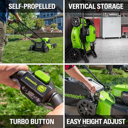 Greenworks 48V (2x24V) Lawn Mower Combo Kit with 21" Steel Deck, 12" String Trimmer, 320 CFM Blower, and Brushless 1/2" Drill Driver Ideal for Yard & Indoor