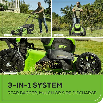 Greenworks 80V 21” Brushless (Push) Cordless Electric Lawn Mower + (500 CFM) Axial Leaf Blower (75+ Compatible Tools), (2) 2.0Ah Batteries and 30 Minute Rapid Charger