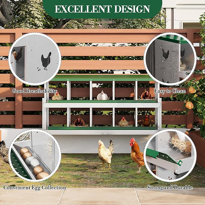 10 Holes Chicken Nesting Boxes, 2 Tiers 10 Compartments Metal Egg Laying Boxes with legs, Wall Mount or Free Standing, Ventilated for Chickens, Hens, Ducks, Farm, Yard, Poultry Coop Accessories, Green