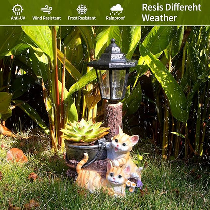 Solar Cat Outdoor Statues, Garden Sculptures with Flowerpot Decor & Solar Lantern for Yard Art Lawn Ornaments Porch Patio Balcony - Idea Gifts for Women Mom Grandma