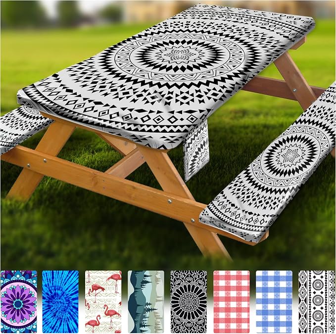 Fitted Picnic Table Cover with Bench Covers Waterproof Elastic Edges Rectangle Patio Tablecloth Outdoor Camping Essentials Stuff Rv Accessories Summer Trip Travel Supplies Party Camper Gifts, 8 ft