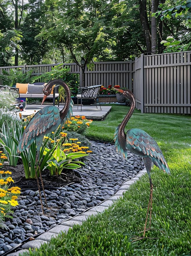 YEAHOME Garden Decor Outdoor Statues, 40"/37" Large Metal Heron Standing Yard Art, Blue Crane Lawn Sculptures Garden Decor for Outside Patio Porch Backyard, Set of 2