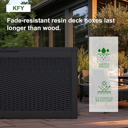 DRATO 320 Gallon Deck Box, Outdoor Large Waterproof Resin Storage Box with Lockable Lid for Patio Cushions, Gardening Tools, Black