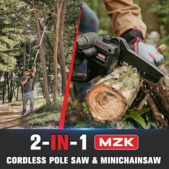 MZK 2-in-1 Cordless Pole Saw & Mini Chainsaw with 3 Replacement Chain, 20V Battery Pole Chainsaw, 4.5" Cutting Capacity, 13ft Reach Pole Saw for Tree Trimming(2 Batteries and Fast Charger Included)