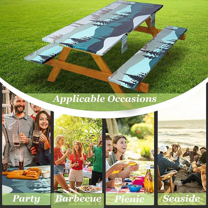Fitted Picnic Table Cover with Bench Covers Waterproof Elastic Edges Rectangle Patio Tablecloth Outdoor Camping Essentials Stuff Rv Accessories Summer Trip Travel Supplies Party Camper Gifts, 8 ft