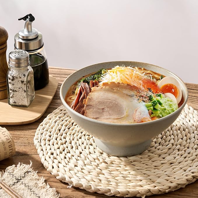 Ceramic Japanese Ramen Bowl Set, 8 Inch Large Noodle Bowl Set of 2, Dishwasher Safe for Asian Pho Udon Soba Noodle, Salad Pasta, Deep Soup Bowls, Speckled Light Gray
