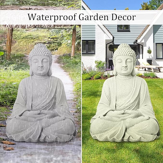 TOETOL Zen Garden Asian Buddha Statue Outdoor Indoor Yard Decor 20” High Patio Deck Sculptures Magnesium Oxide Stone Grey Home Entryway Hallway