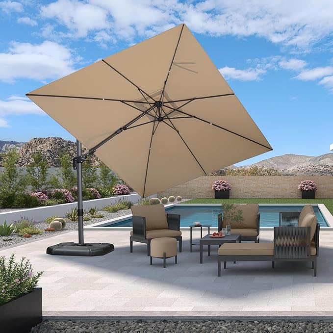 PURPLE LEAF 9' X 12' Left-right Tilt Patio Umbrella Outdoor Cantilever Swivel Rectangle Umbrella with Tilt Aluminum Offset Umbrella with 360-degree Rotation for Garden Deck Pool Patio Beige