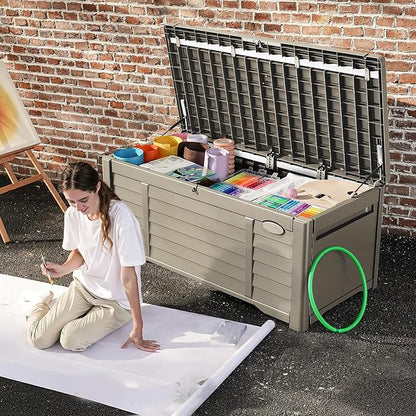 DWVO Large Deck Box 120 Gallon Waterproof Outdoor Storage Box, Extra Large Storage Bin, Resin Louvered Patio Storage for Pillows, Garden Tools & Pool Supplies, Lockable, Light Brown