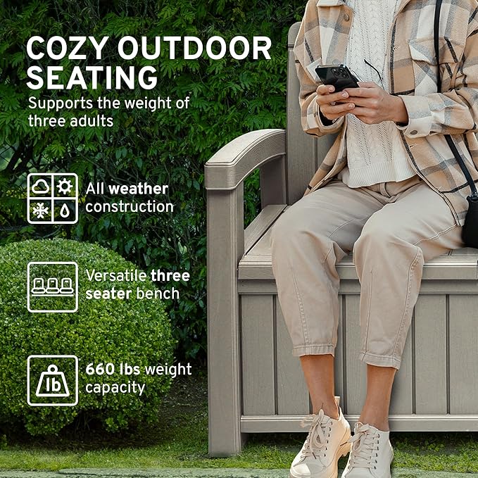 EconoHome 3 Seat Outdoor Storage Bench with Rain Cover - 90 Gallon Capacity - Weatherproof Resin Bench for Patio, Porch, Garden, Yard, Pool Area - Furniture for Pool Accessories, Gardening Tools