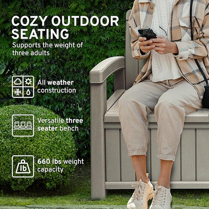 EconoHome 3 Seat Outdoor Storage Bench with Rain Cover - 90 Gallon Capacity - Weatherproof Resin Bench for Patio, Porch, Garden, Yard, Pool Area - Furniture for Pool Accessories, Gardening Tools