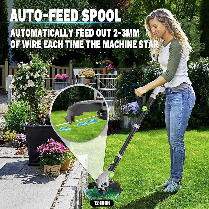 Weed Wacker Cordless 21V 12'' Electric Weed Eater with Auto Line Feed, 2.0Ah Battery and Fast Charger, Battery Powered String Trimmer for Lawn Care, GrassTrimmer, Yard, Garden (AD-ST-001)