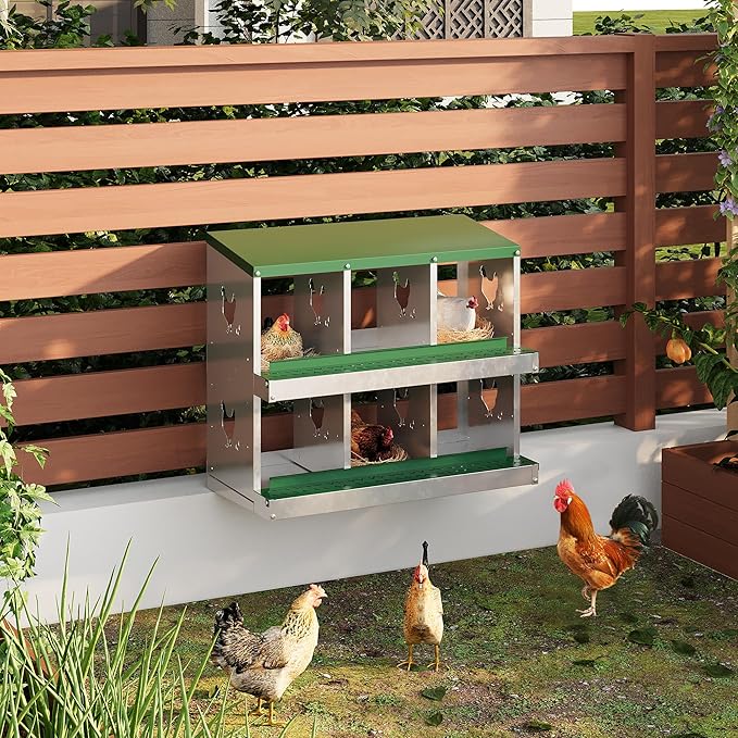 Chicken Nesting Box,6 Compartments Galvanized Steel Metal Chicken Laying Box with Roll Out Egg Collection,Wall Mount Chicken Nesting Boxes,Easy Egg Collection, Hen Roosting Boxes