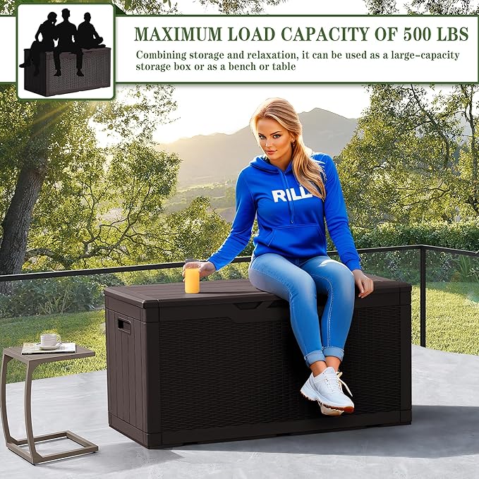 Greesum 100 Gallon Resin Deck Box Large Outdoor Storage, Imitation Rattan Weave Texture for Patio Furniture, Garden Tools, Pool Supplies, Weatherproof and UV Resistant, Lockable, Dark Brown