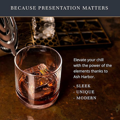 Clear Ice Cube Maker Design Tray - Craft Modern Ice Molds for Bourbon & Cocktails in 5 Seconds - Whiskey Mold Cube Stamp – Bartender Accessories - Copper Ice Press Cocktails by Ash Harbor (Elements)