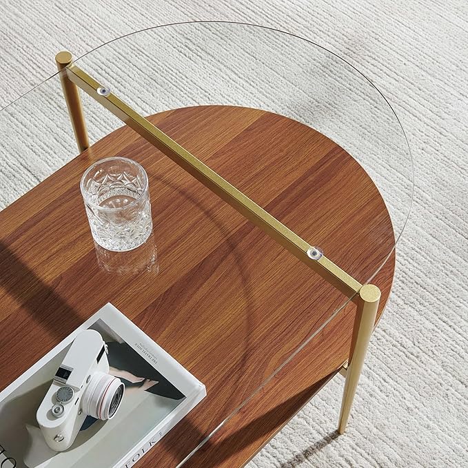 X-Large Oval Glass Coffee Table, Mid-Century Modern Design, L47 x W24 x H17 inch, for Living Room, Clear Glass Top and Walnut Finish Wood Shelf, Conical Legs with Gold Finish Frame