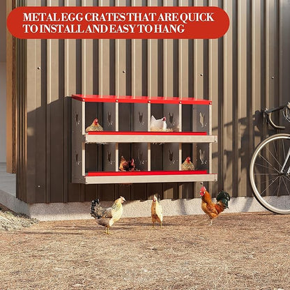 Chicken Nesting Boxes,8 Compartments Galvanized Steel Metal Laying Boxes,Pull-Out Egg Box Easy Egg Collection & Clean,Wall Mount Suitable for Farm Chicken House,Red