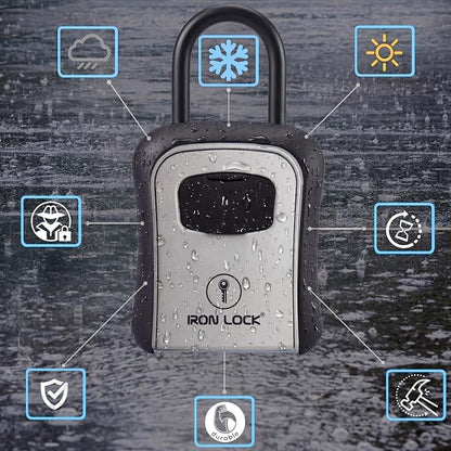 Iron Lock® Medium Key Lock Box with Code, U-Shackle Opens Fully Out (Grey) | Built-in key hooks + catch tray; hangs on handles, gates, fences or a hasp; wall-mountable; dial cover; no batteries