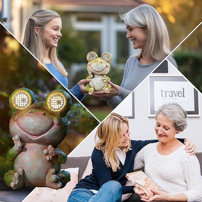 Solar Frog Garden Statue with Rotating Blinking Led Eyes Waterproof Resin Outdoor Decor Auto Dusk-to-Dawn Sensor for Patio Yard Garden Unique Birthday Housewarming Gifts for Women Mom Grandma