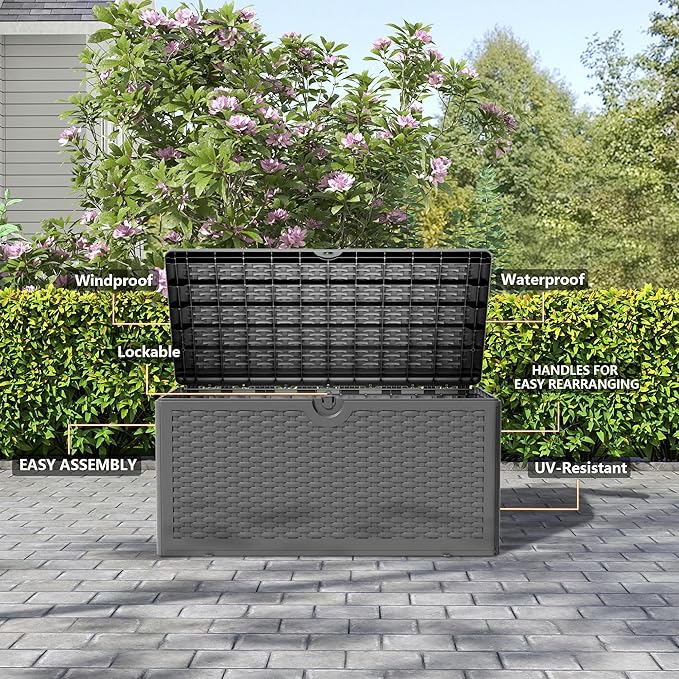 80 Plus Gallon Resin Deck Box, Waterproof Outdoor Storage Bin for Patio, Poolside, and Garden, Lockable & UV-Resistant, Ideal for Small Spaces, Black