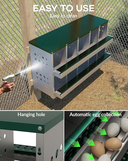 10-Hole Galvanized Metal Chicken Nesting Box with Egg Collection Tray/Fake Training Eggs, Rustproof Poultry Laying Box with Perch Rod,for Chicken Coops and Hens
