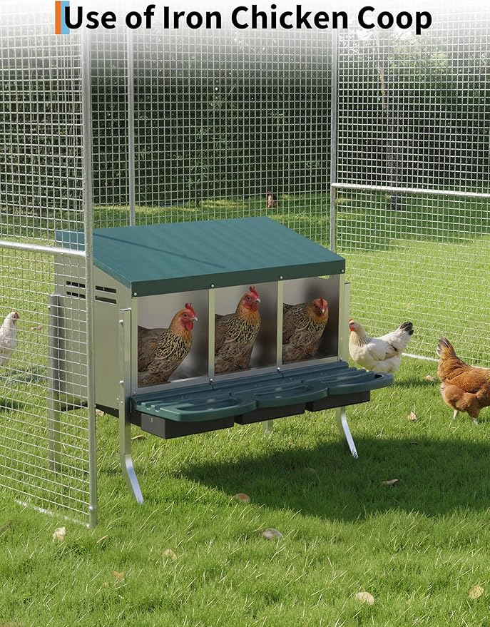Chicken Nesting Boxes, 3 Hole Metal Rollaway Nest Box for Laying Hens with Cleanable Pull-Out Trays Wall Mount or Placed Design for Easy Egg Collection & Cleaning(Includes Legs)